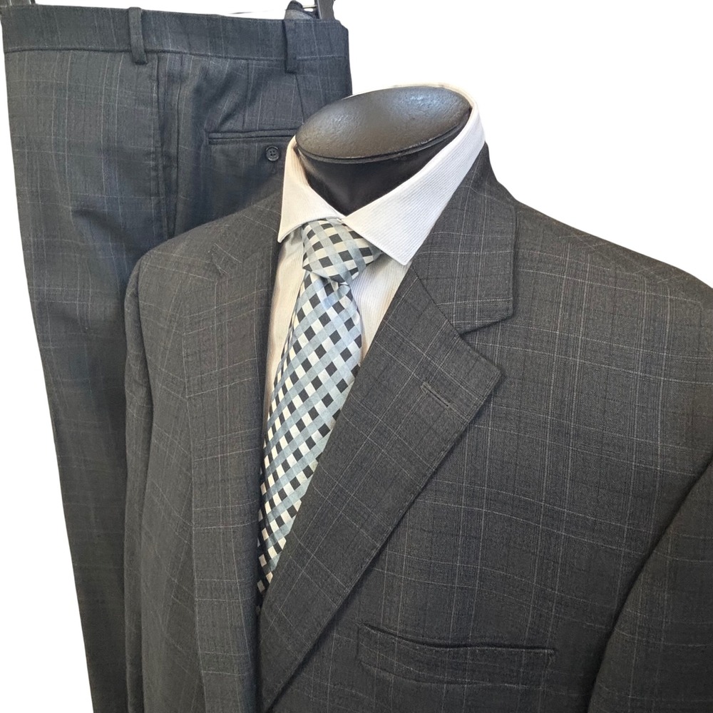 Cremieux Two Piece Suit Mens 52L 44W Grey Plaid Loro Piana Wool Professional LUX